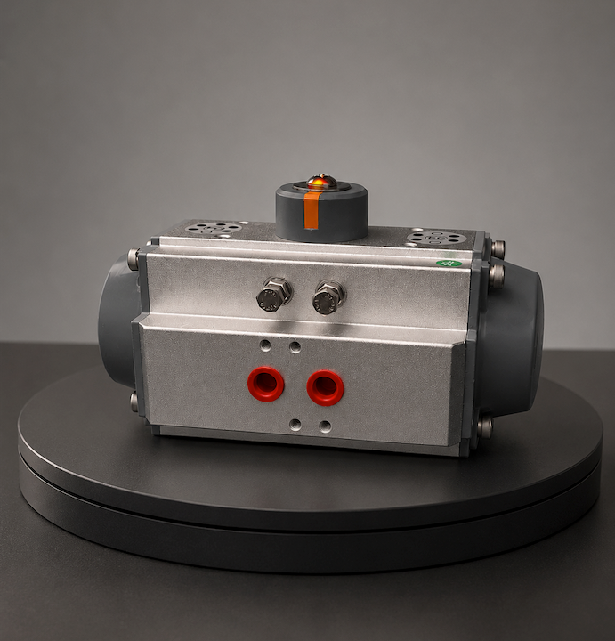 V-Tork VT190S12 Spring Return Pneumatic Actuator F10/F14 - front view showing aluminium body with red port caps and visual indicator