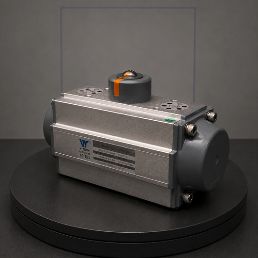V-Tork VT065 Series Stainless Steel Pneumatic Actuator - top-down view showing FC port connections and quarter-turn drive shaft