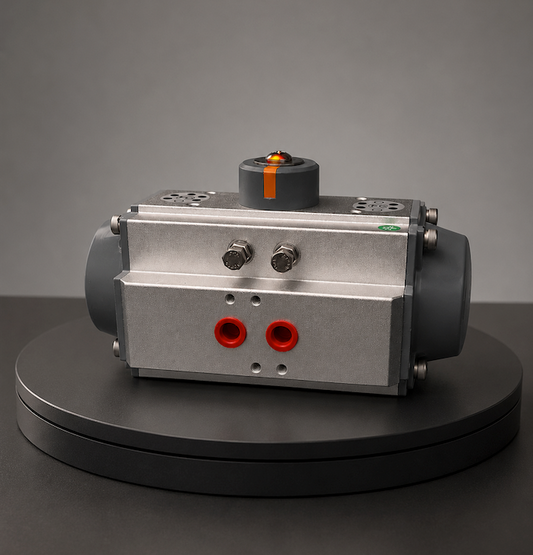 V-Tork VT190S12 Spring Return Pneumatic Actuator F10/F14 - front view showing aluminium body with red port caps and visual indicator