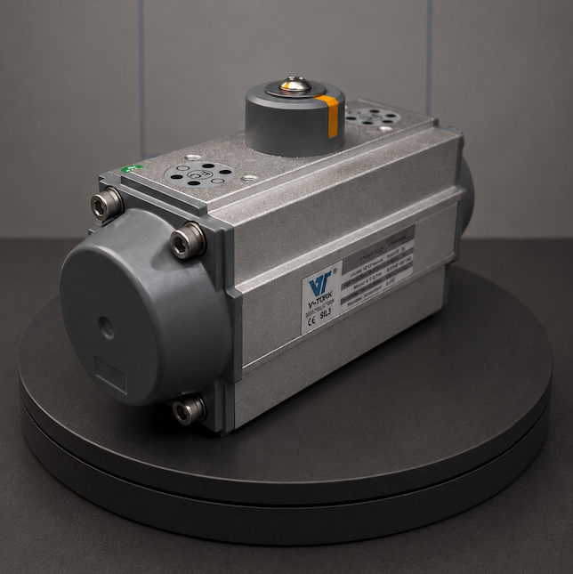 V-Tork VT065 Series Stainless Steel Pneumatic Actuator - front view showing stainless steel body with red port caps and visual position indicator